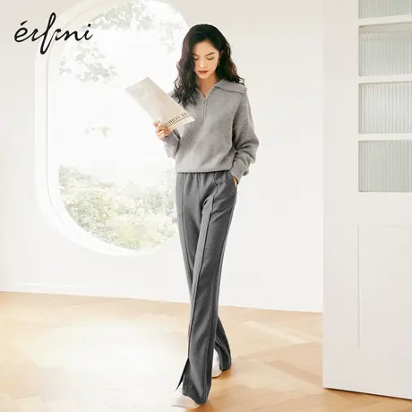 伊芙丽休闲裤女高腰开叉脚口2021年新款拖地裤直筒裤休闲运动裤女图片