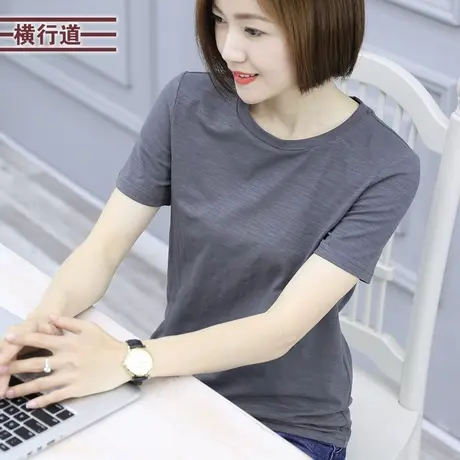 竹节棉灰色短袖女t恤圆领上衣 2023夏季大码简约薄款中年妈妈半袖图片