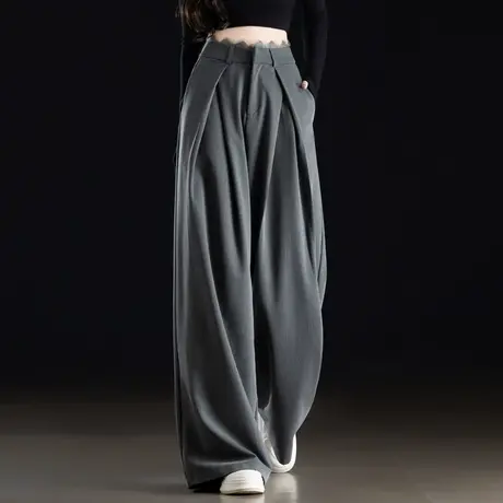 高级感灰色蕾丝西装裤子女2025新款夏季薄款高腰垂感休闲裤阔腿裤图片