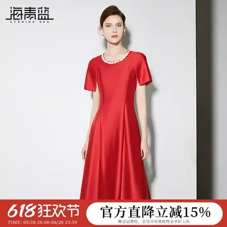 海青蓝 红色连衣裙夏女2025新款女装纯色短袖拼接圆领中长款裙子图片