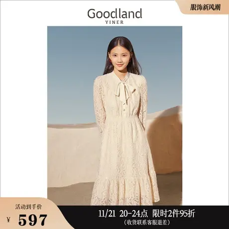 Goodland美地女装2023春季镂空蕾丝拼花蝴蝶结飘带中长款连衣裙图片