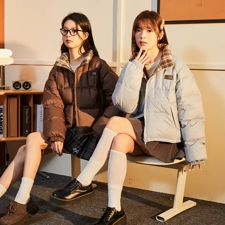 唐狮2024秋冬新款女净色羽绒服拼接立领学院风韩系闺蜜减龄显比例商品大图