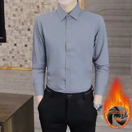 灰色保暖男士衬衫长袖2022秋冬季修身寸衫外套轻商务加绒衬衣厚款商品大图