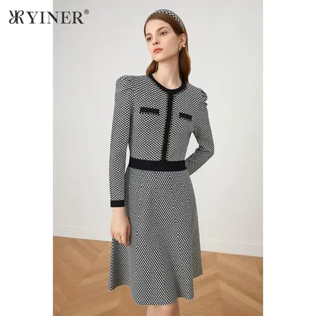 YINER音儿商场同款女装2021秋季新款圆领拼接收腰A字连衣裙图片