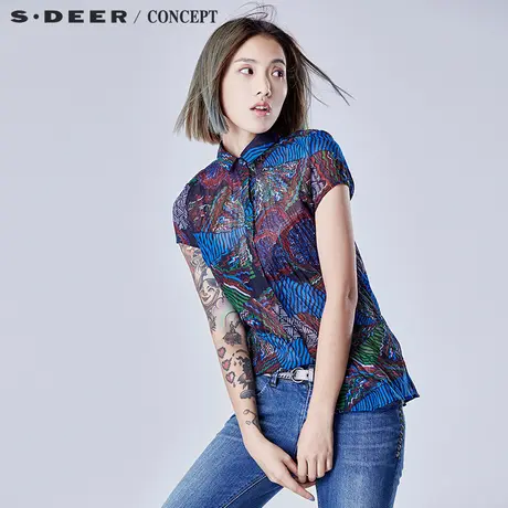 sdeer圣迪奥2018夏季民族撞色印花抓皱衬衫上衣女S16280442图片