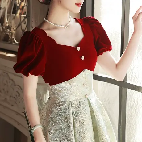 敬酒服新娘2023新款高级感拼接时尚法式订婚礼服女夏季红色连衣裙图片