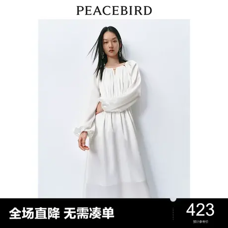太平鸟法式镂空慵懒连衣裙春新款度假风长袖雪纺飘逸长裙气质图片
