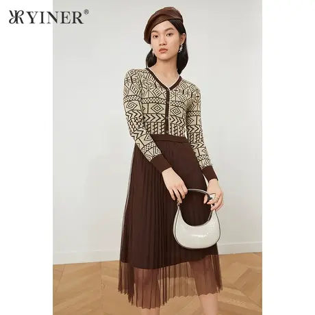 YINER音儿商场同款女装2021秋季新款针织拼接网纱百褶连衣裙图片