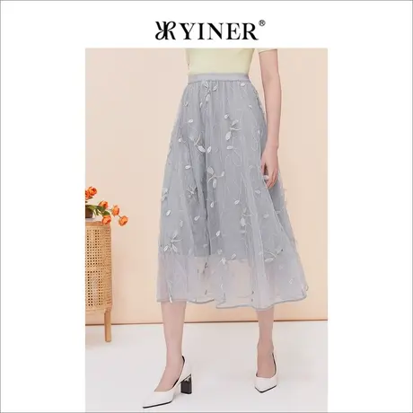 YINER音儿线上专选女装2023夏季立体蜻蜓绣花网纱仙女过膝半身裙图片