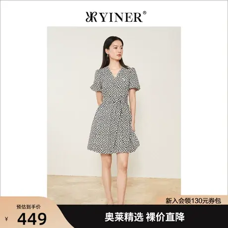 YINER音儿女装2022夏季新款法风复古印花V领连衣裙图片