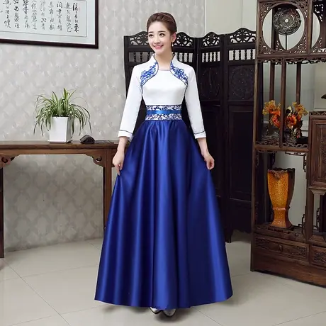 礼仪旗袍迎宾小姐服长款青花瓷迎宾服酒店学生礼服短演出服旗袍图片