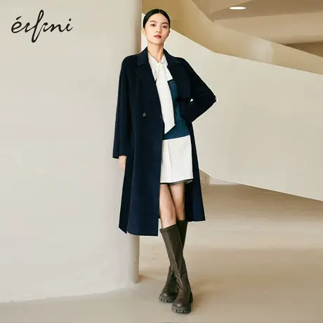 【商场同款】伊芙丽毛呢外套女黑色长款双面呢羊毛大衣1CA370651图片