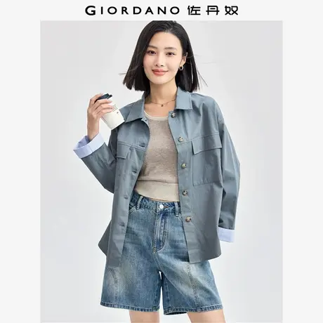 佐丹奴衬衫女装纯棉拼接条纹袖口梭织长袖工装衬衫 13344858图片