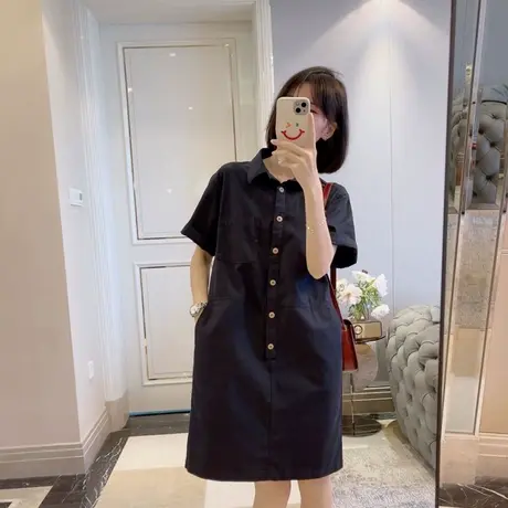 爵莱菲大码藏青色衬衫连衣裙女法式学院风宽松中长款POLO领直筒图片