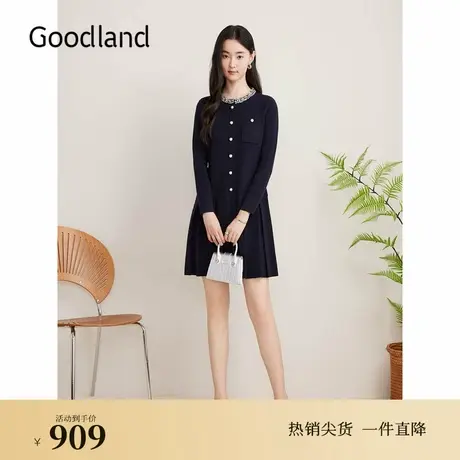 Goodland美地秋季法式小香风钉珠装饰拼接百褶针织连衣裙图片