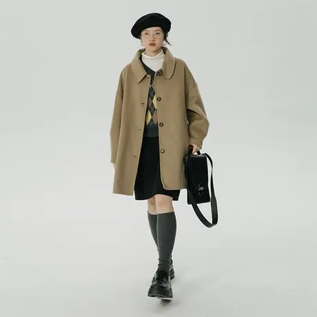 omont蛋挞家 复古翻领可拆卸帽双面毛呢外套女短款羊毛大衣秋冬季图片