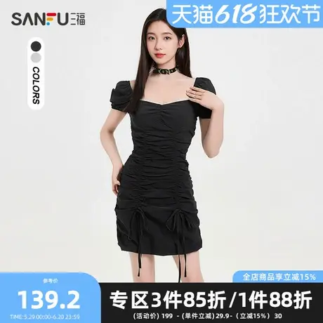 三福连衣裙2025夏季褶皱抽绳泡泡袖方领兜摆裙子女装499765图片