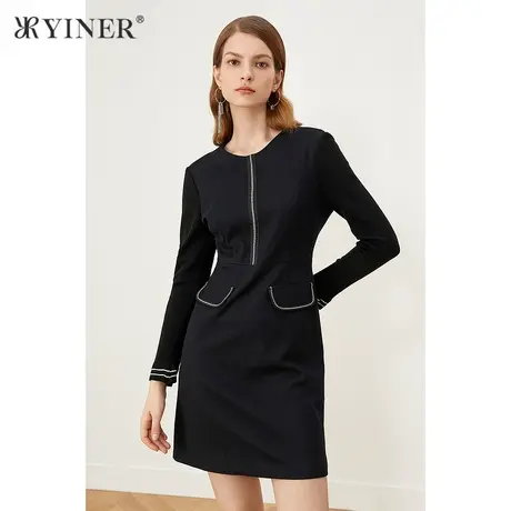 YINER音儿商场同款女装2021冬季新款针织袖拼接羊毛呢连衣裙图片