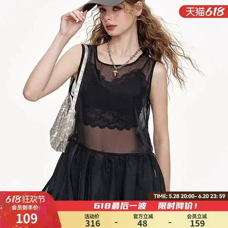 妖精的口袋重工烫钻系带黑色无袖蕾丝衫女2025年夏季新款气质上衣图片