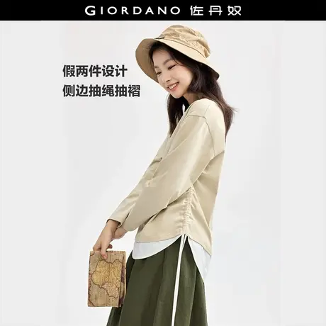 佐丹奴T恤女装纯棉假两件抽褶针织圆领长袖T恤 18324925图片