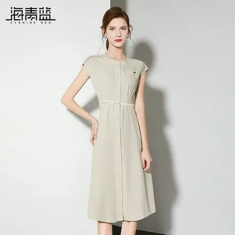 海青蓝 短袖连衣裙2025年新款纯色海边度假时尚气质女装中长裙子图片