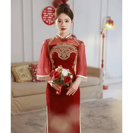 旗袍敬酒服新娘2024新款女夏季高级感中式订婚礼服连衣裙秀禾蕾丝图片