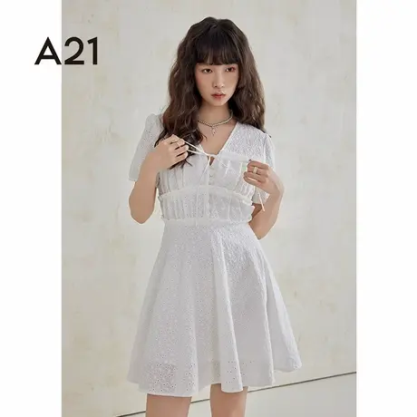A21女装短袖梭织连衣裙女生夏季白色网纱设计感裙子图片