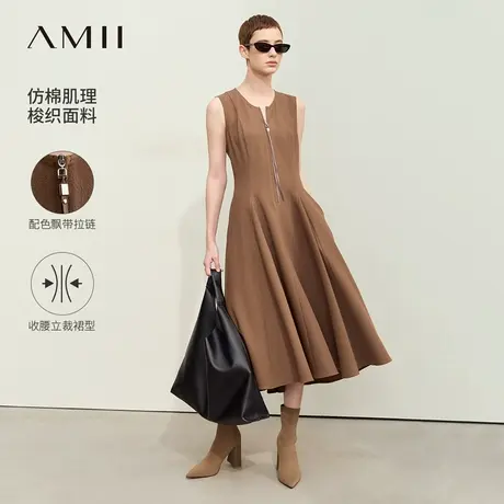 Amii2025夏新款度假风圆领飘带拉链无袖连衣裙女背心裙小黑裙子图片