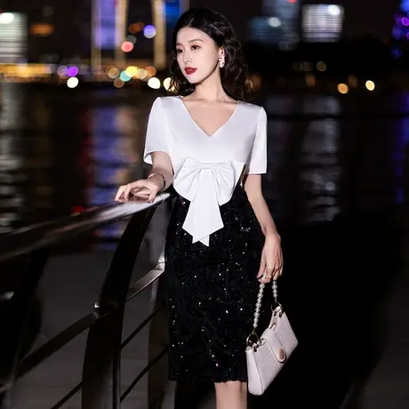 晚礼服裙高级感平时可穿轻奢白色气质名媛主持宴会小个子连衣裙女图片