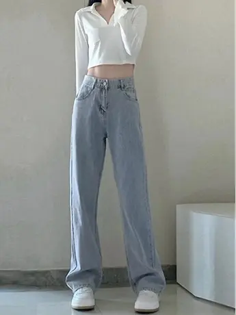 清仓捡漏小个子高腰牛仔裤女2023年春秋新款显瘦直筒阔腿拖地裤图片