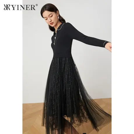 YINER音儿女装2021秋季新款中长款拼接网纱连衣裙图片
