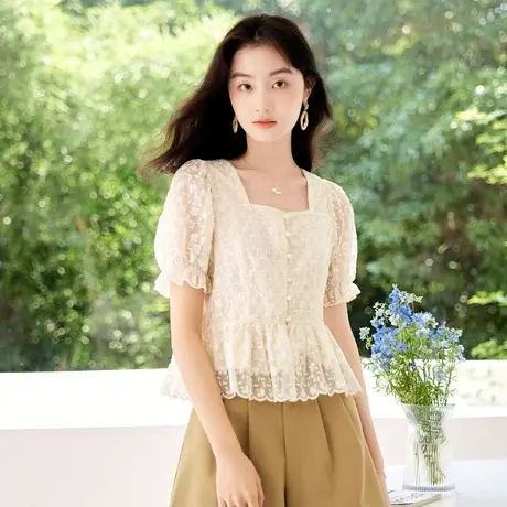 时尚气质方领衬衫2023年夏季新款淑女温柔宽松显瘦通勤百搭上衣图片