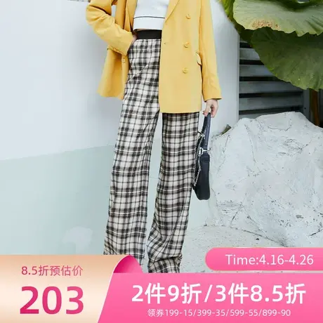伊芙丽春秋新款高腰显瘦宽松格子阔腿裤女长裤1C3950471图片