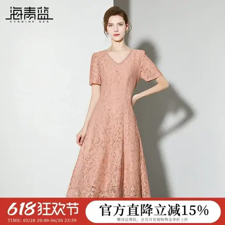 海青蓝 连衣裙夏女2025新款女装高级法式时尚气质纯色蕾丝裙子图片