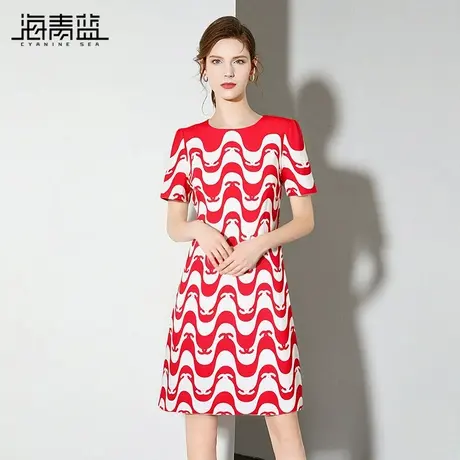 海青蓝 撞色连衣裙短袖2025年新款夏季女装中长款简约大方裙子图片