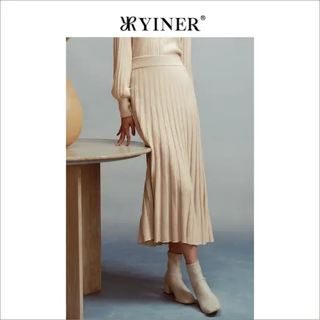 【裸感羊绒】YINER音儿女装冬季舒适绵羊毛收褶半身裙图片