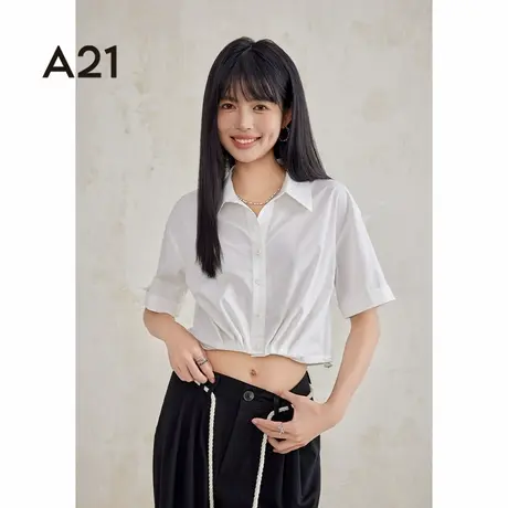 A21女装小落肩套头短袖衬衫纯色气质高级感衬衣宽松简约小众图片