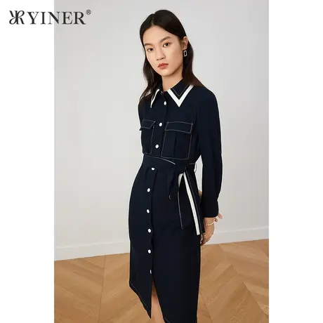 YINER音儿女装2021秋季新款单排扣撞色翻领牛仔连衣裙图片