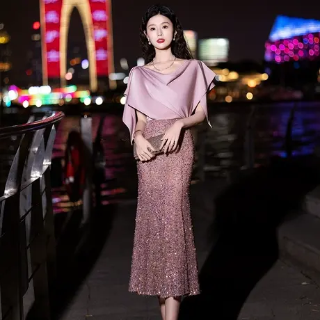晚礼服女主持人气质亮片鱼尾裙年会主持优雅宴会高级感高定连衣裙图片