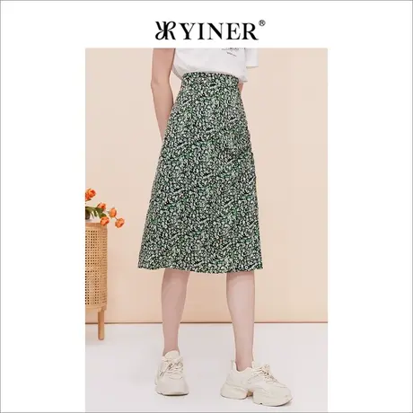 YINER音儿专选女装夏季时尚法式收褶印花过膝半身裙图片