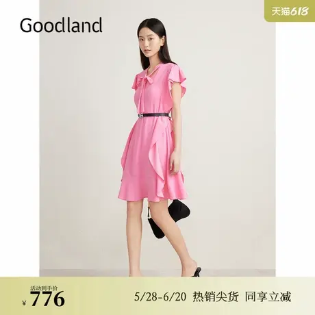 Goodland美地夏季浪漫荷叶边飞飞袖V领飘带连衣裙图片