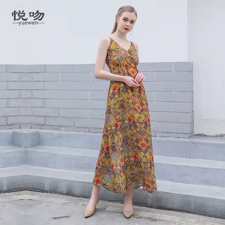 雪纺碎花吊带连衣裙女v领收腰气质长裙2024新款夏设计感小众裙子图片