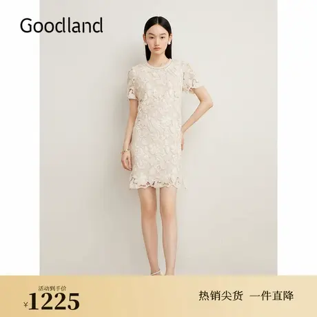 Goodland美地女装夏季法式优雅钩花镂空蕾丝H型连衣裙图片
