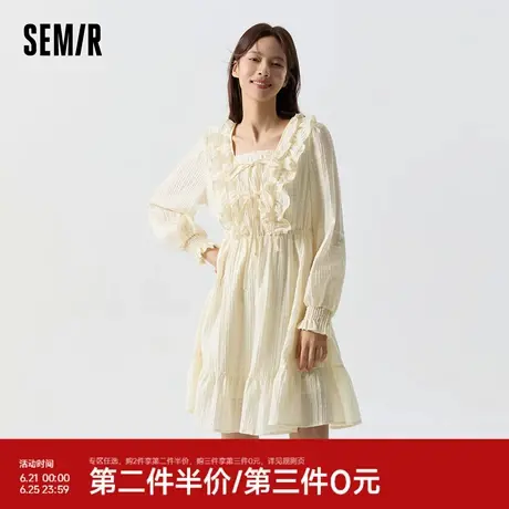 森马连衣裙女荷叶边蝴蝶结浪漫2024春季新款甜美方领肌理裙子温柔图片