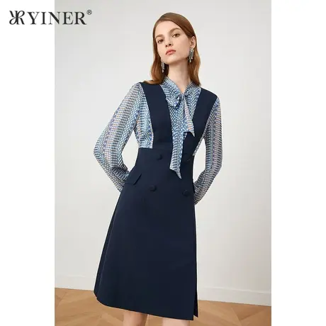 YINER音儿商场同款女装2021秋季新款蝴蝶结领假两件连衣裙图片