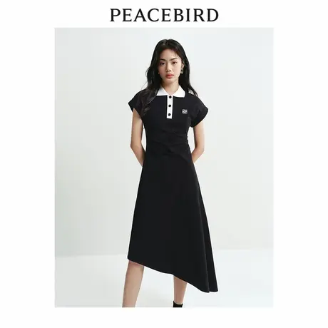【来了就好】太平鸟黑色撞色POLO连衣裙收腰长裙时尚不规则小黑裙图片