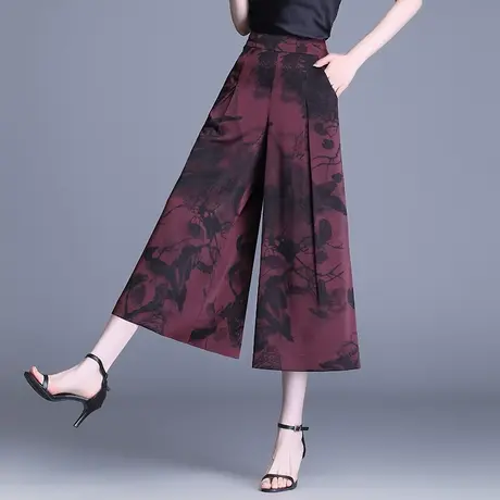 夏季冰丝阔腿裤女垂感九分印花裤子2023新款宽松妈妈穿大脚裤薄款图片