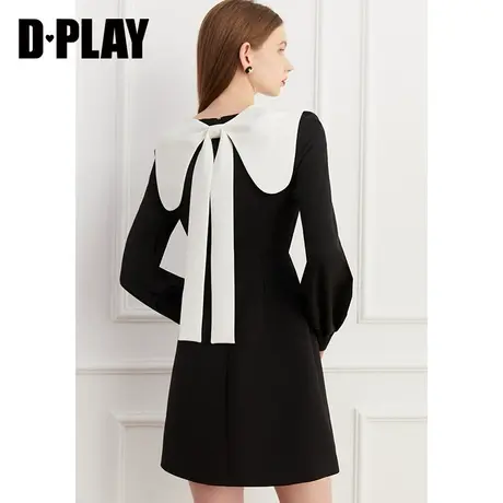 DPLAY秋装新优雅泡泡灯笼袖撞色后背立体蝴蝶结长袖连衣裙图片