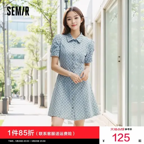 森马牛仔连衣裙女翻领收腰泡泡袖甜酷2024夏季新款棋盘格短裙潮流图片