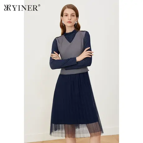 YINER音儿女装2021秋季新款气质拼接网纱连衣裙图片